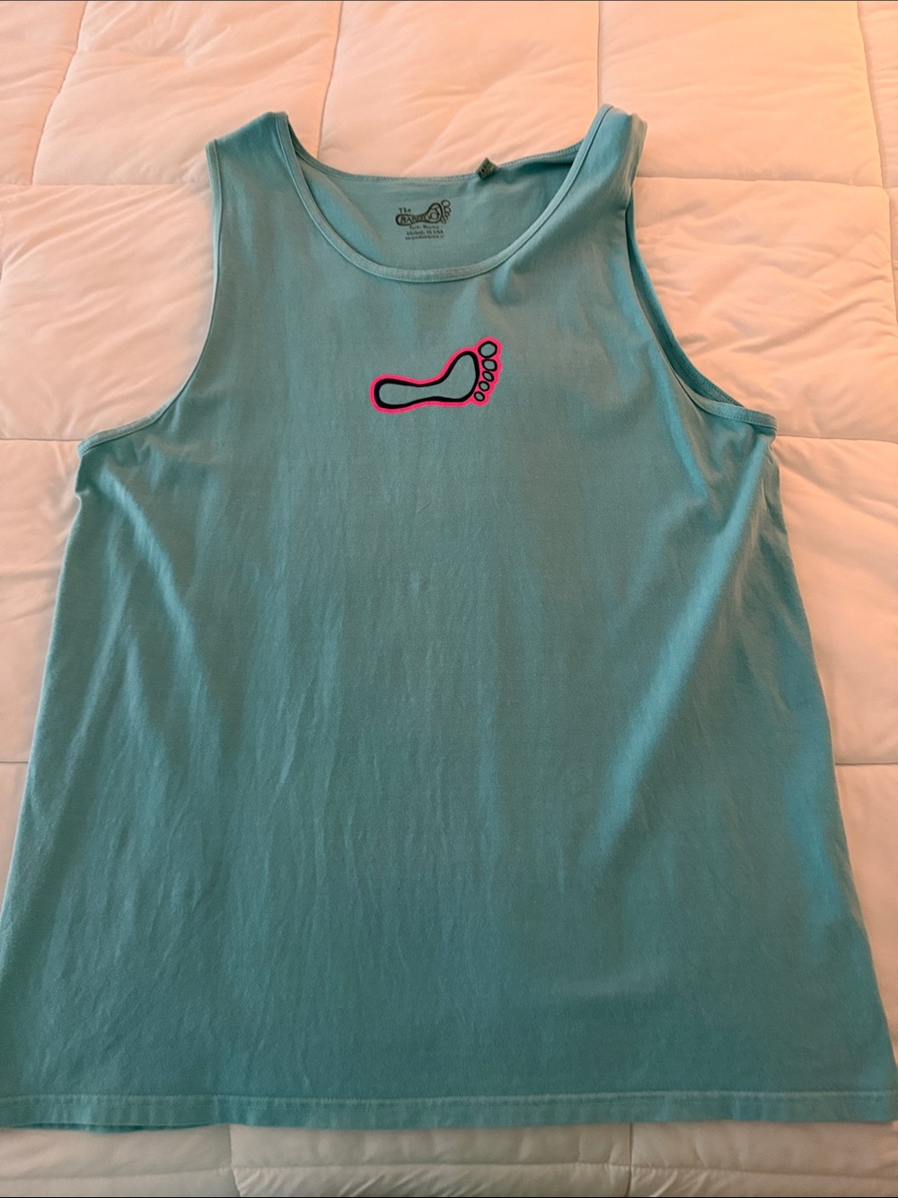 Okoboji Barefoot bar Light Teal Tank Top with Pink Footprint Graphic